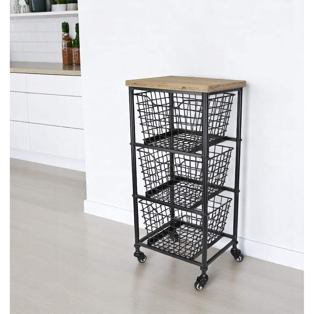 HomeRoots 32" Black And Natural Metal And Wood Basket Storage Rolling Cabinet