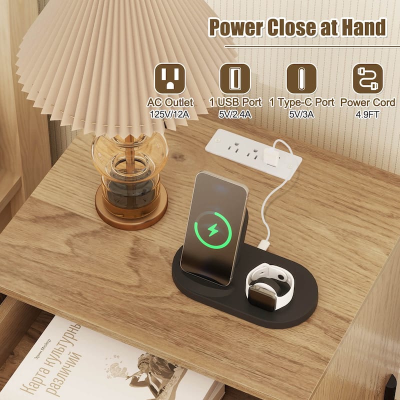 Costway Nightstand with Charging Station Drawer Compartment Modern