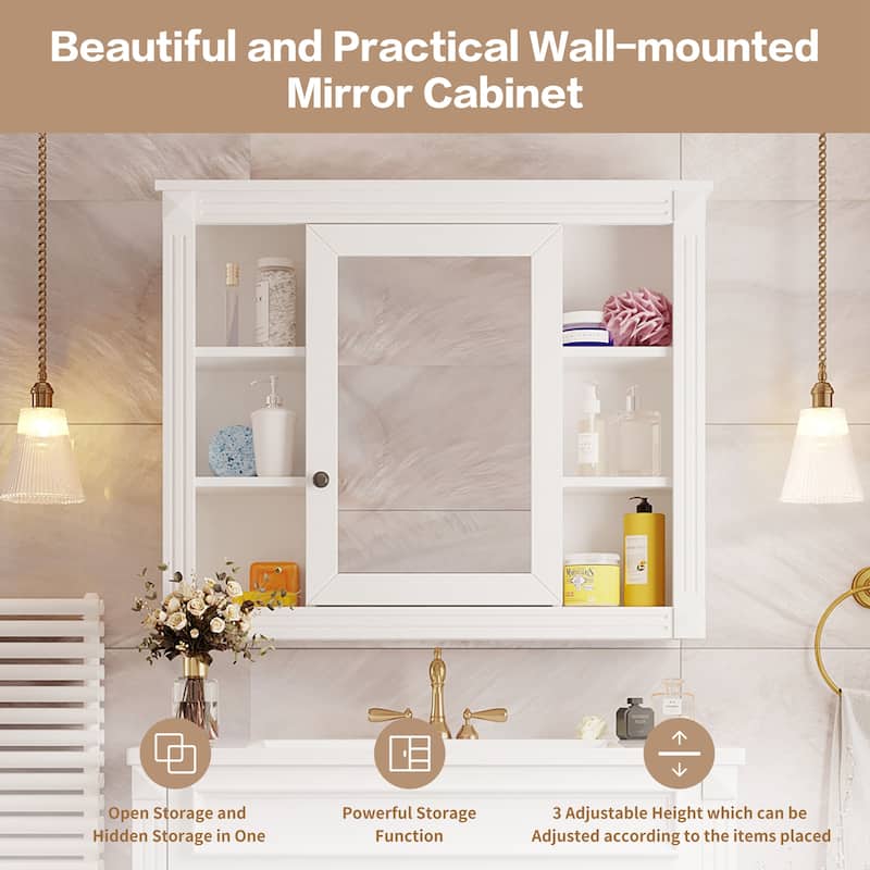 35'' Bathroom Mirror Cabinet with Storage, Wall Mounted Medicine Cabinet with Open Shelves and 1 Door