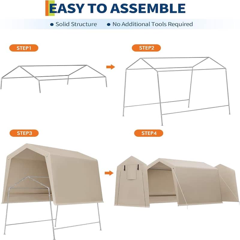 6x6 ft Heavy-Duty Carport Canopy Portable Garage Tent with Removable Sidewalls and Roll-Up Windows Khaki