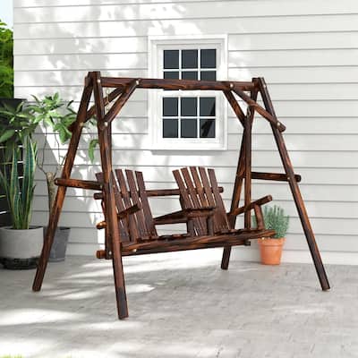 Wooden Porch Swing with Stand, 2-Seat Patio Swing Chair with Table