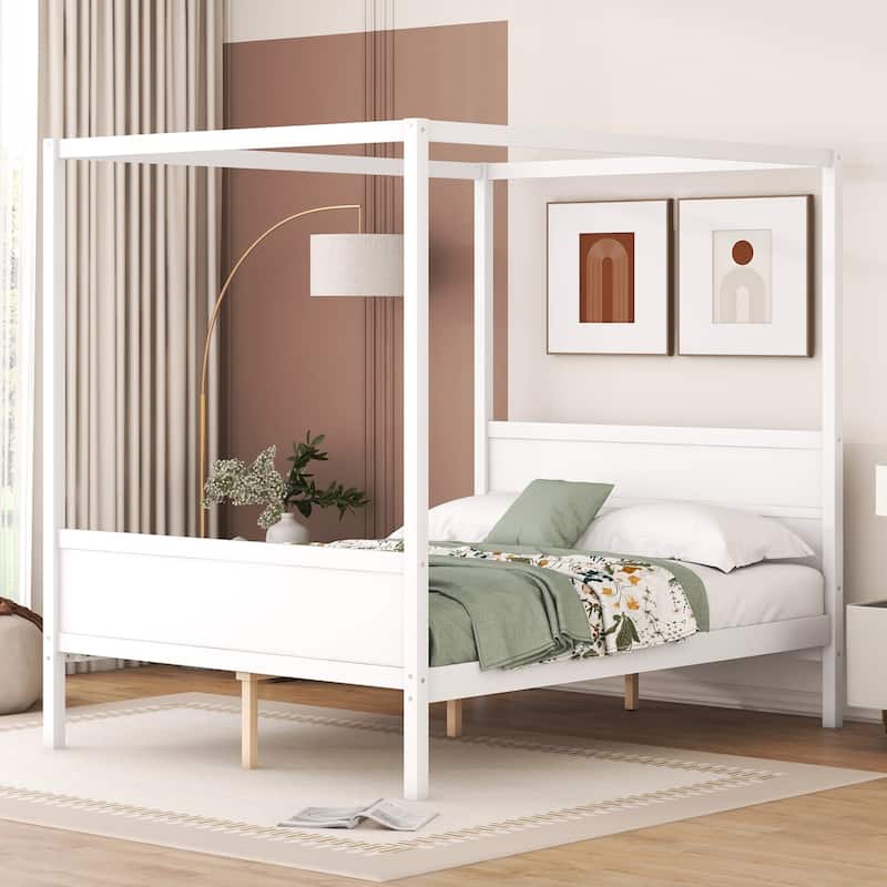 Queen Pine Canopy Platform Bed with Slat Support - White