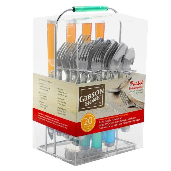 Gibson Home Pastel Extravaganza 20 Piece Stainless Steel Flatware Set with Hanging Rack in Assorted Colors. Opens flyout.