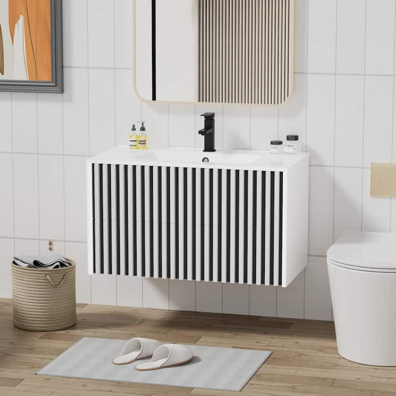 Wall Mounted Bathroom Vanity Set Mid-Century Storage Cabinet with Ceramic Sink