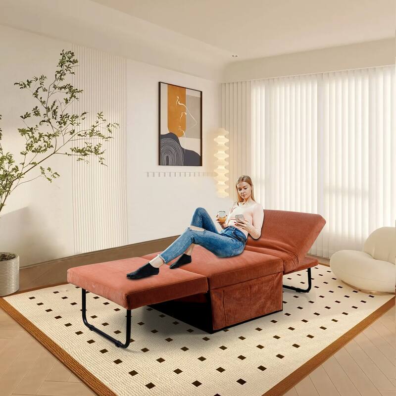 Corduroy Single Convertible Sofa Bed with Reclining Backrest - Brown