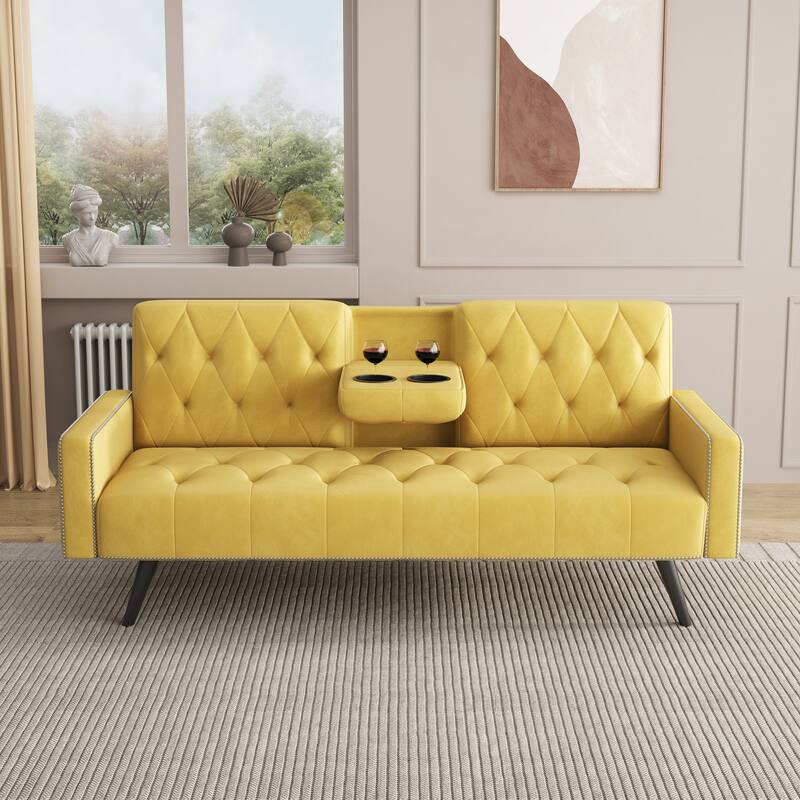 72 inch Velvet Sofa Bed With Two Cup Holders - Yellow
