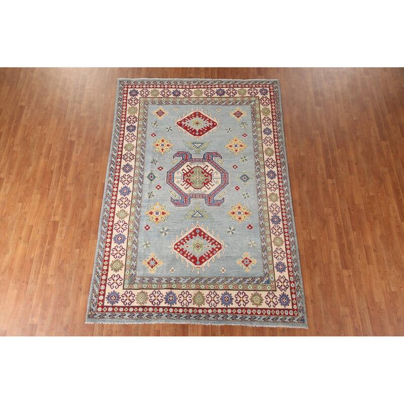 Light Blue Kazak Area Rug Hand-Knotted Traditional Wool Carpet - 6'6" x 9'7"