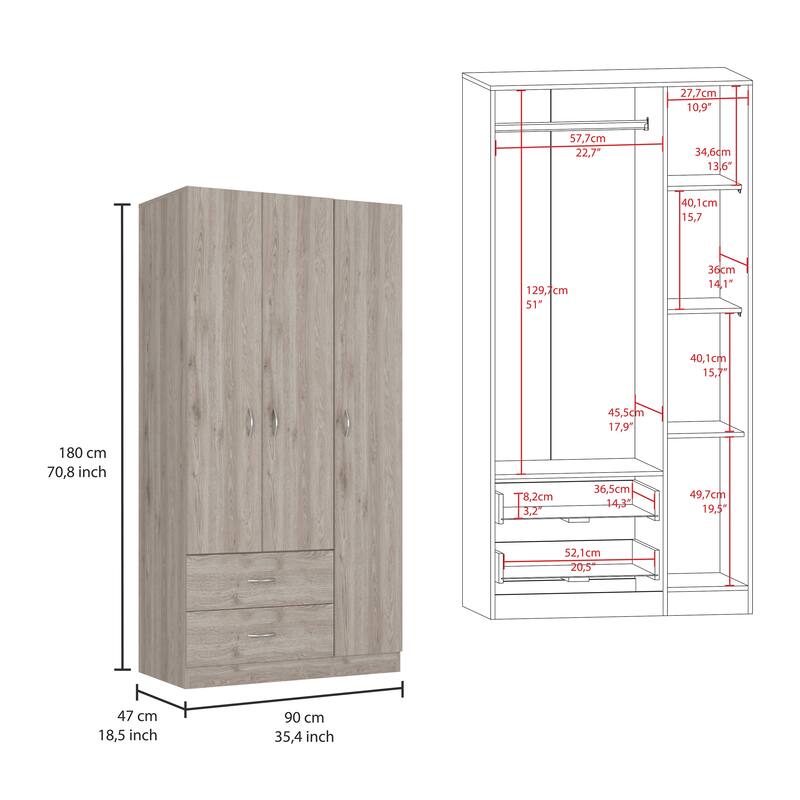 18.5" Modern Three-door Armoire with Hanging Rod, Two Bottom Drawers and Four Interior Shelves