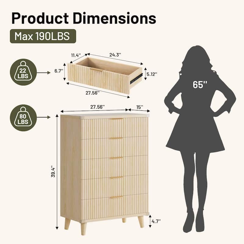 5 Drawer Tall Dresser for Bedroom, Slim Boho Bedroom Furniture