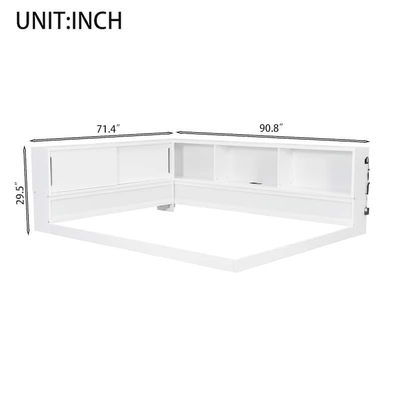 Queen L-Shape Storage Daybed with LED Shelf, Hidden Slide Cabinet & Built-In USB Power Hub by Harper&Bright Designs