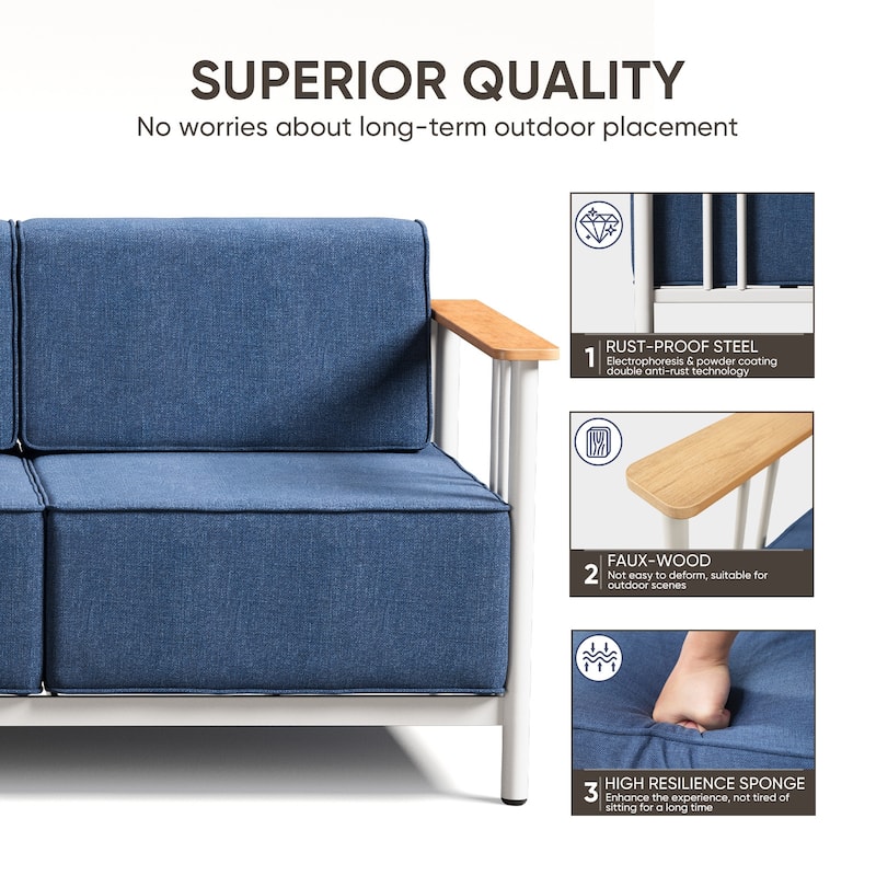 Puffin 3-Seat Outdoor Sofa with Metal Frame and 10-Inch Thick Cushions