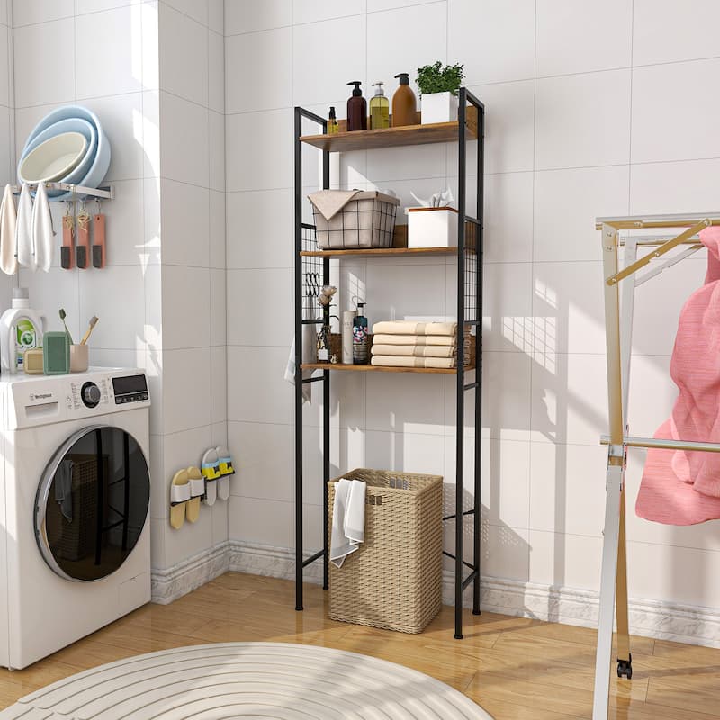 3-Tier Over-The-Toilet Bathroom Storage Rack Rustic Brown Wood and Steel Organizer with Hooks - 23.5" x 9.5" x 68" (L x W x H)