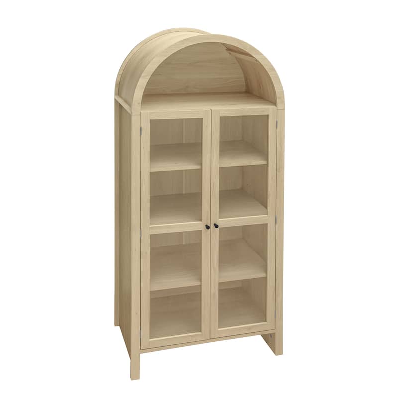 Roomfitters 70.28" Tall Arched Kitchen Pantry Cabinet, Modern Farmhouse Storage Cabinet with Glass Doors, Natural