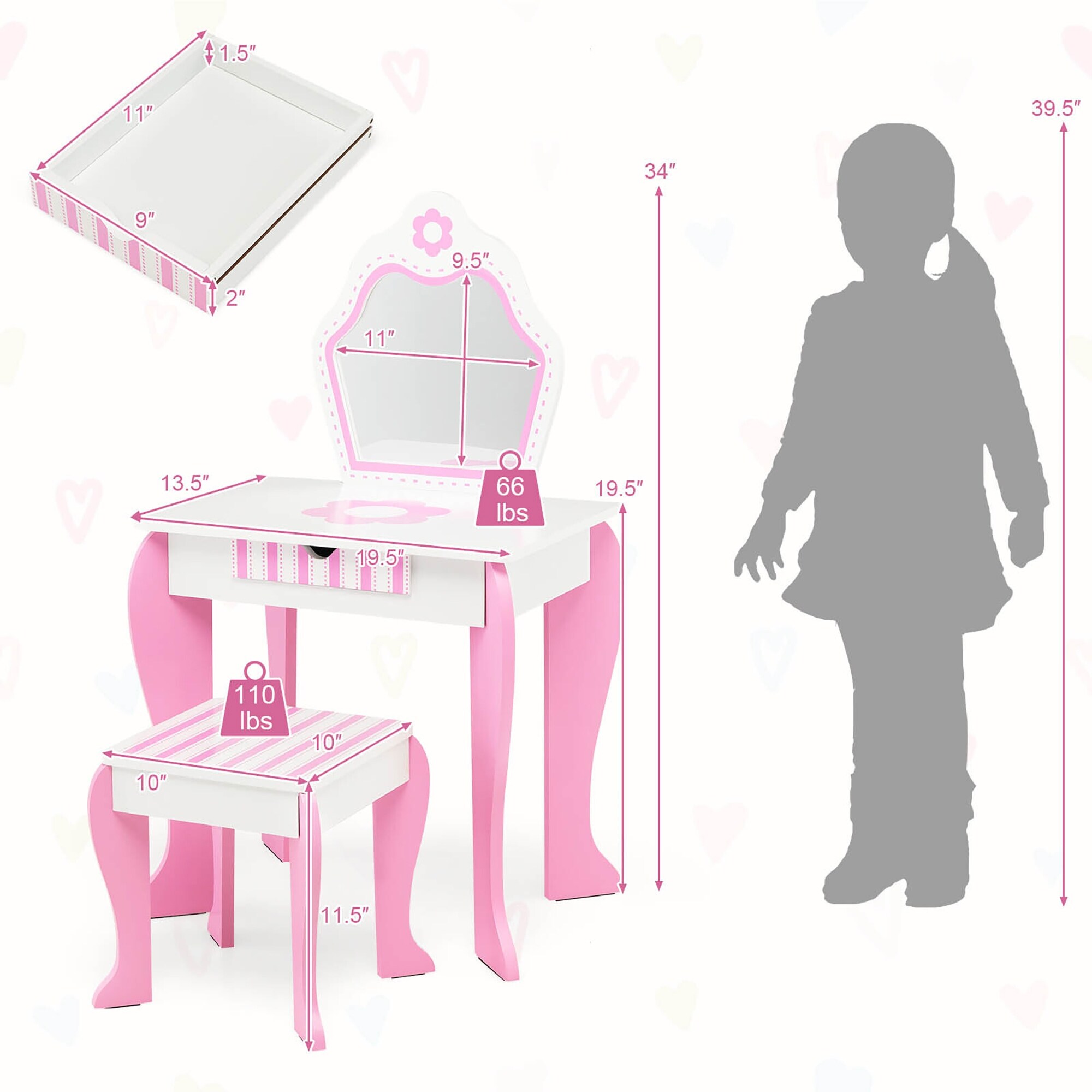 贈る結婚祝い Kid Gymax Vanity Mirror w/ Stool Table Makeup Wooden Set ブレスレット・バングル