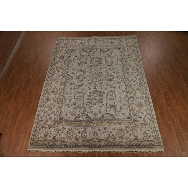 Green Floral Oushak Indian Area Rug Hand-Knotted Wool Carpet - 9'0" x 12'2"