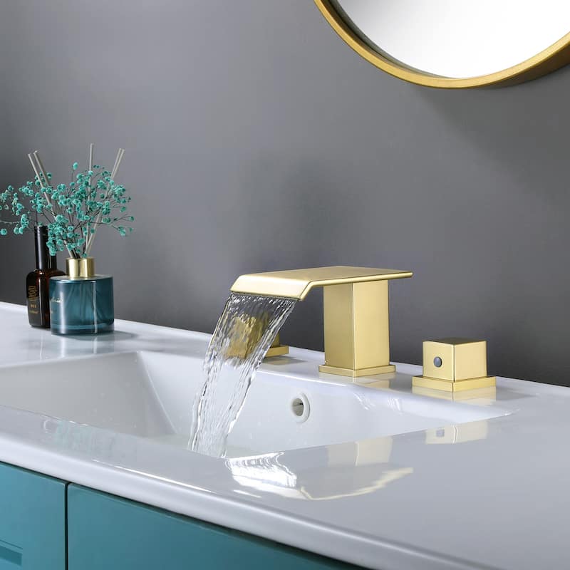 3.6"H Solid Brass Widespread 2-Handle Bathroom Waterfall Sink Faucet