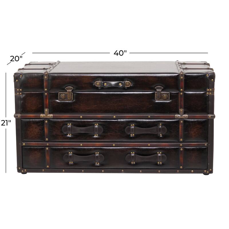 Brown Faux Leather Vintage Faux Leather 2 Drawer Living Room Coffee Table with Buckle Hinged Top