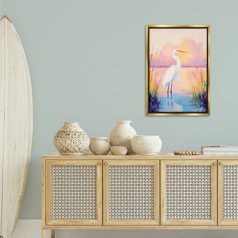 Stupell Egret under Beaming Sunset Framed Floater Canvas Wall Art Design By Arlington Prints