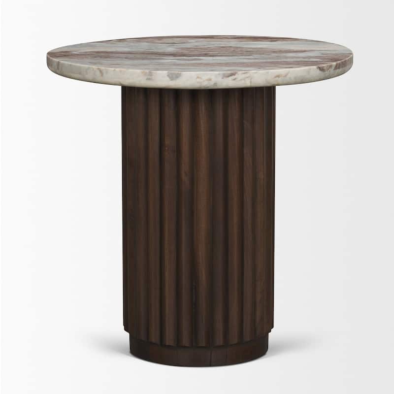 Marbrello Pink Marble Top Espresso Brown Fluted Wood Round Side Table
