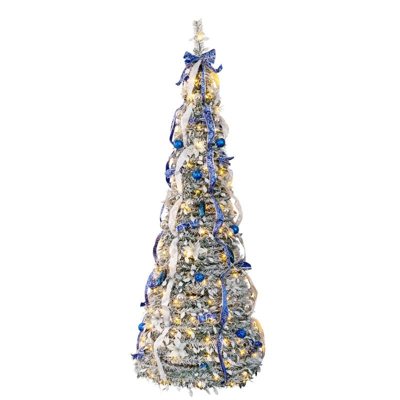 7 FT Fully Decorated Pre-lit Pop Up Artificial Xmas Tree with 200 Warm Lights Remote Control - Green+Blue+Silver