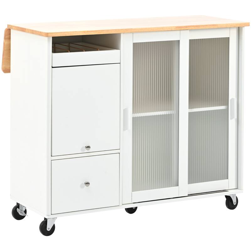 Rolling Kitchen Cart with LED Light, Fluted Glass Doors, Drop Leaf Top, and Adjustable Storage (White)
