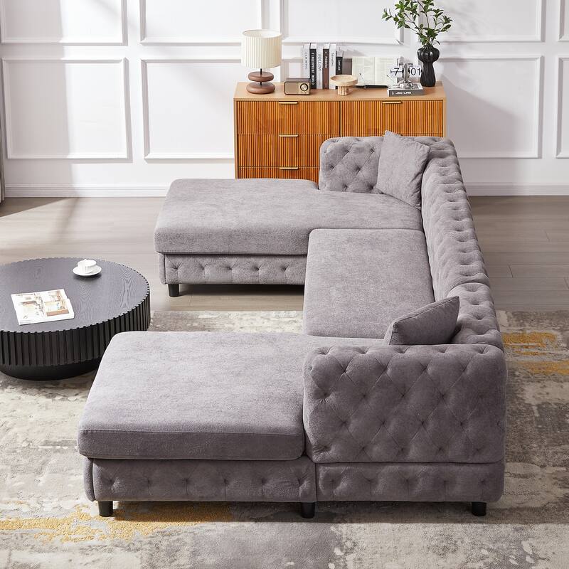 U-Shaped Chenille Sofa with Two Chaise Longue Seats and Pillows.