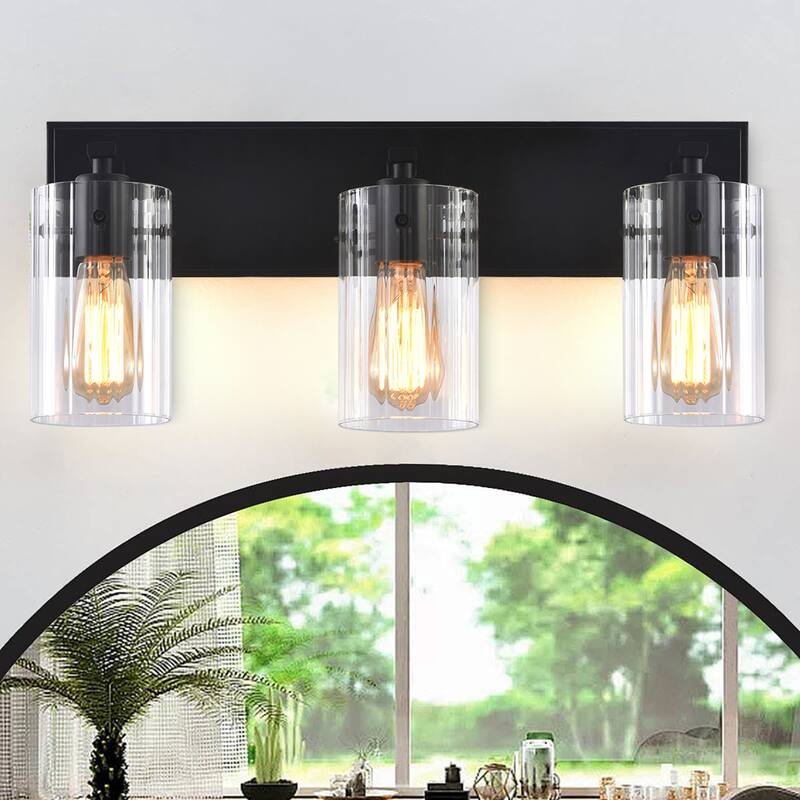 Modern Black 3-Light Glass Dimmable Bathroom Vanity Light Fixture - 20.87" W x 9" H x 5.87" D