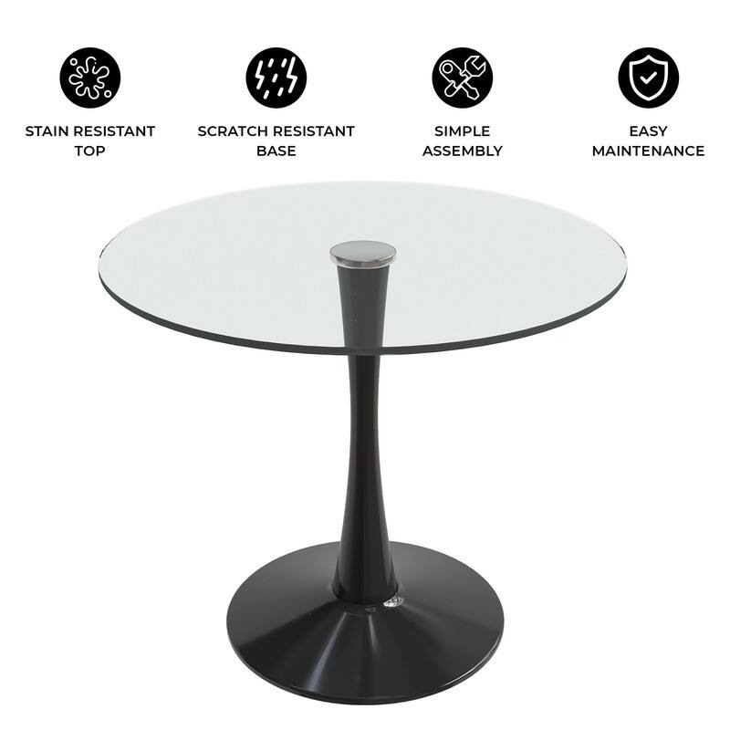 Bristol Round Dining Table with Glass Top and Steel Pedestal Base for Kitchen and Dining Room