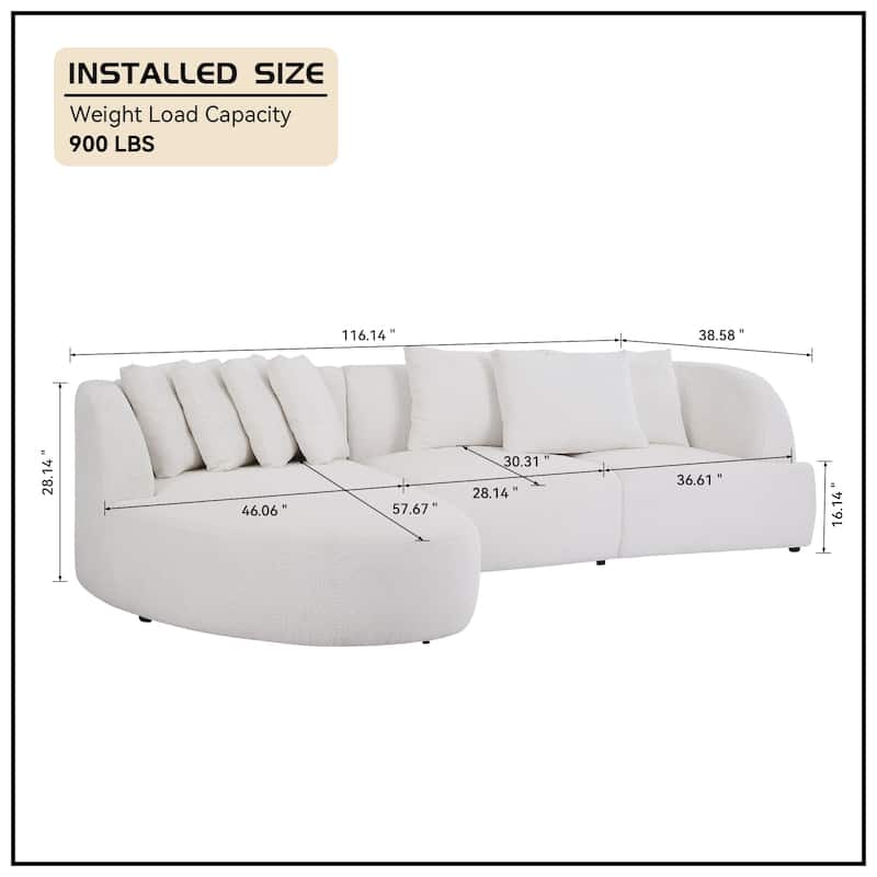 Modern Curved L-Shaped Sectional Sofa with Chaise – Extra Wide White Upholstered Luxury Lounge