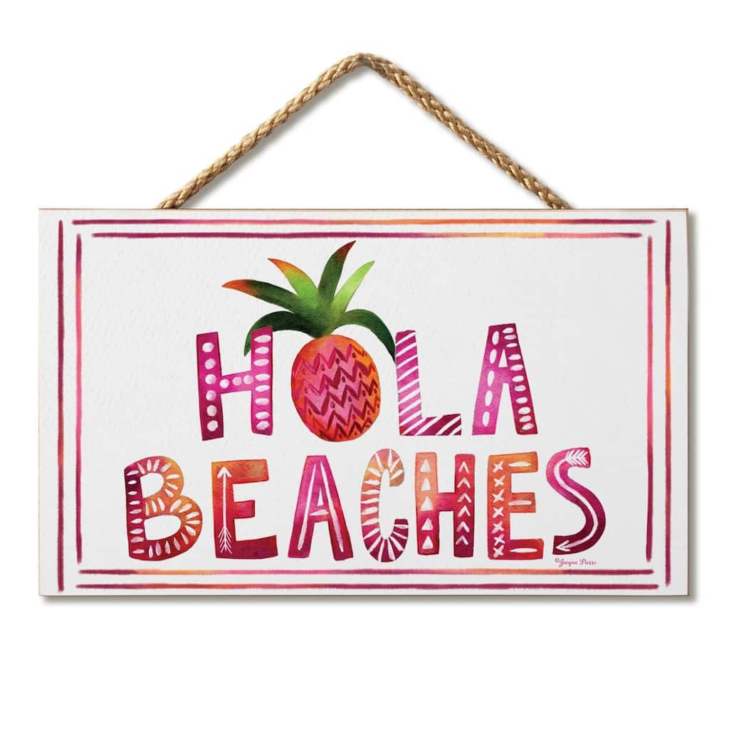 Hola Beaches Hanging Wood Sign 9.5" x 5.75" Made in the USA