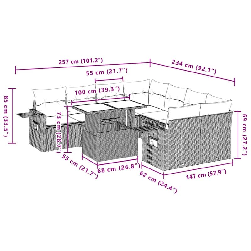 vidaXL Patio Sofa Set with Cushions Outdoor Furniture 9 Piece Poly Rattan - 24.4 x 24.4 x 27.2