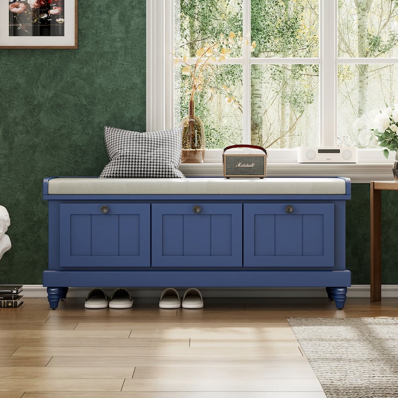 Classic Storage Bench with Cushioned Seat and 3 Drawers - Navy Blue