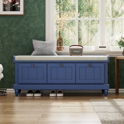 Shoe Bench with Cushion and Three Drawers, Fluted Entryway Bench with Storage