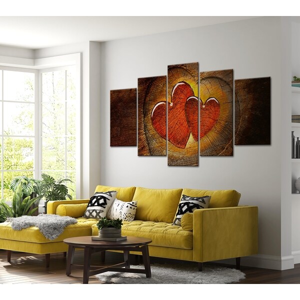 Vintage Canvas Wall Art - Wooden Hearts - 5 Pieces - Multi-Color