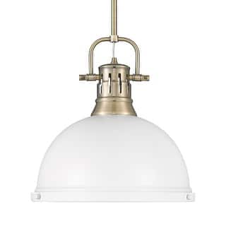 Yep by Golden Lighting Duncan 1-light 14in Rod Hung Pendant in Aged Brass and Matte White shade
