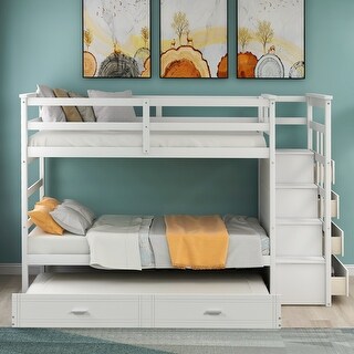Twin over Twin Wooden Bunk Bed with Trundle & Storage Drawers, Staircase