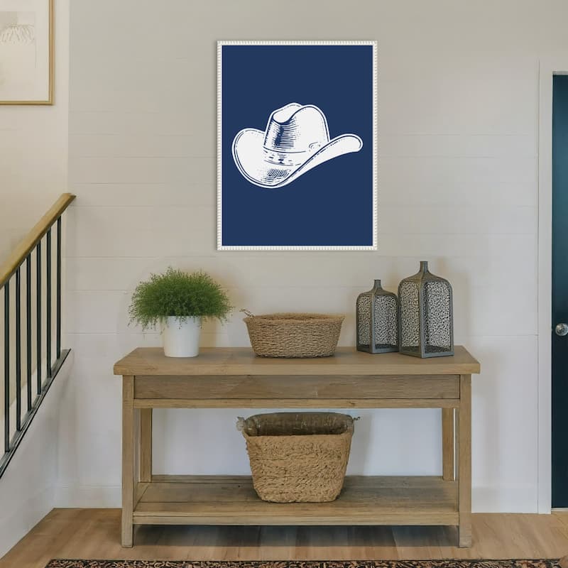 Navy Blue Cowboy Hat by Jolly and Dash Framed Canvas Wall Art Print - Sylvie Beaded White