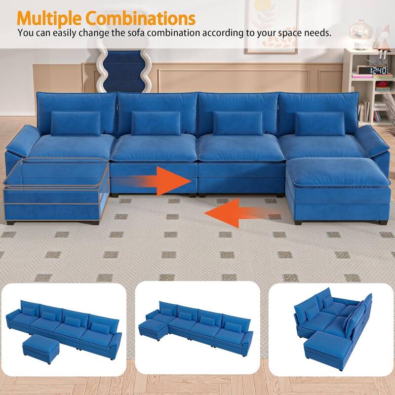 Kullavik Cloud Chenille L-Shaped Sofa, Modular Sectional Sofa with Ottoman, Throw Pillows and Double Layered Cushion