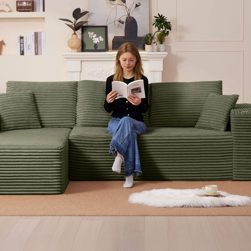 102.76" Corduroy Cloudy L Shaped Sofa with Chaise and Pillows
