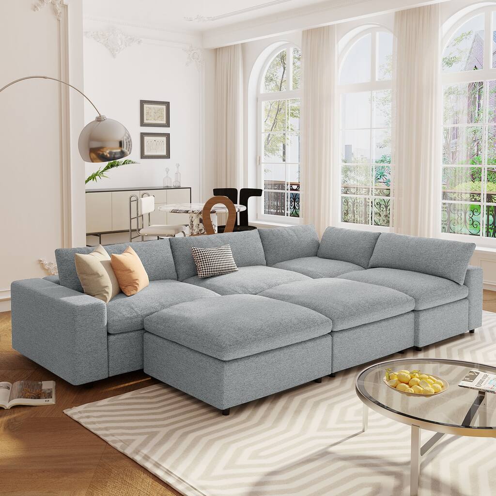 6-Seater Upholstered Sectional Sofa Set With 2 Movable Footstools