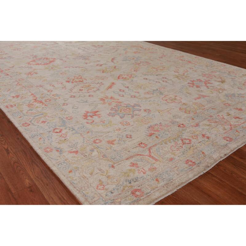 Hand Knotted Oriental 100% Wool Carpet Transitional All-Over Beige & Ivories Oushak Area Rug - 8' 11'' X 6' 0''