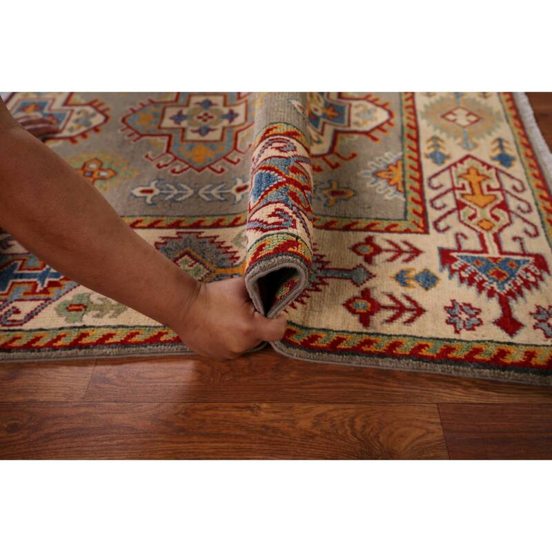 Kazak Oriental Accent Rug Hand-Knotted Beige Geometric Wool Carpet - 3'6" x 4'9"