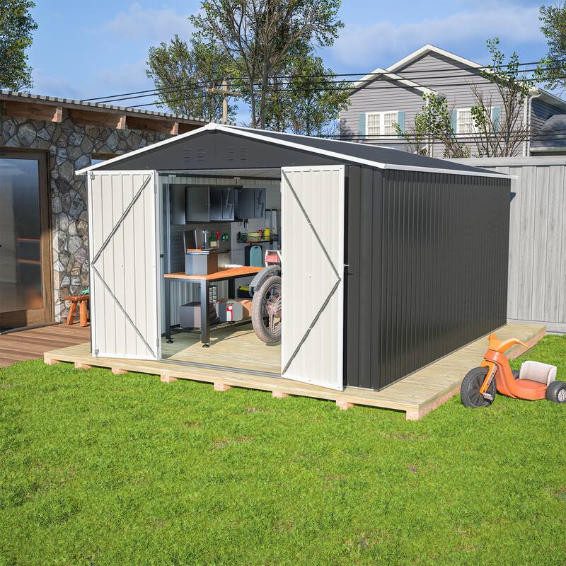 GDFStudio - Cassandra Large 10 x 10 FT Outdoor Metal Storage Shed with Lockable Doors - 10x12FT - Black