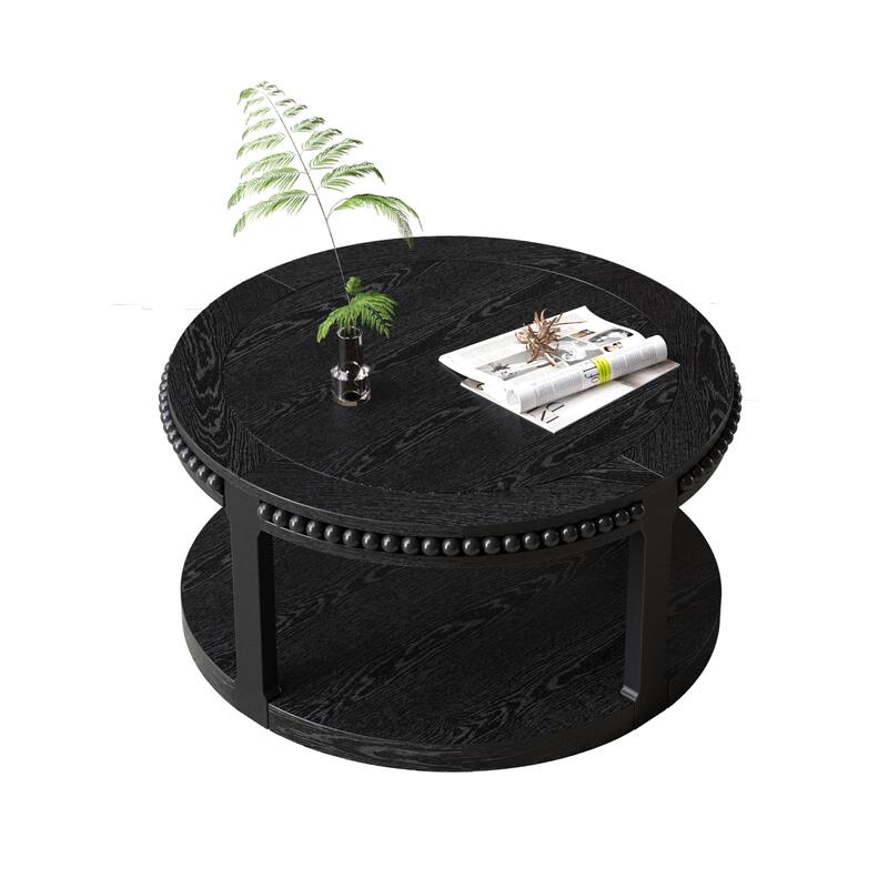 Round Wood Coffee Table Sofa Table with Two-Tier Thickened Top, Accent Table End Table with Solid Wood Legs