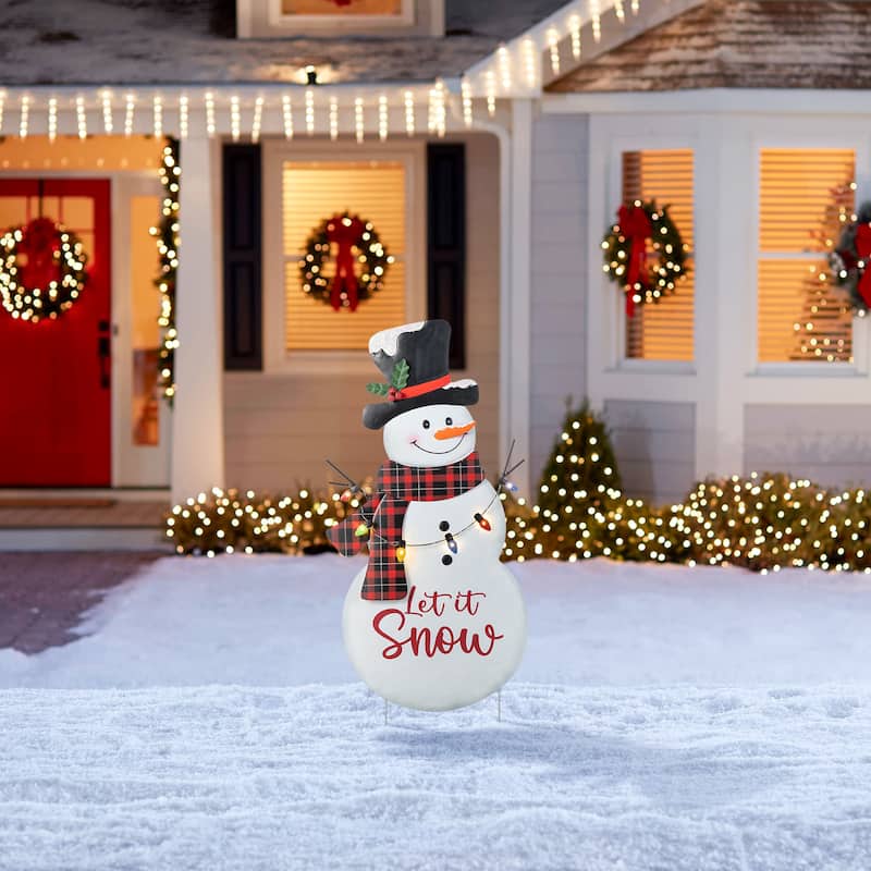 Glitzhome 36"H Metal Christmas Snowman with Colorful Bulbs Yard Stake - Multi-color