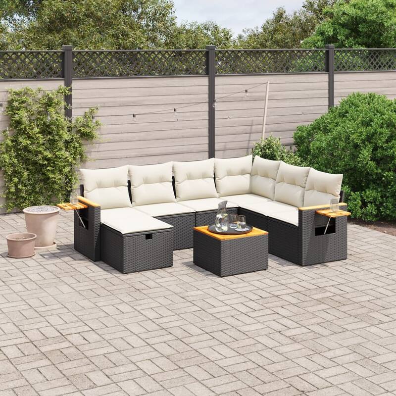 vidaXL Patio Sofa Set with Cushions Outdoor Conversation Furniture Poly Rattan - Black and cream with table - 92.1 x 70.5 x 33.5 in