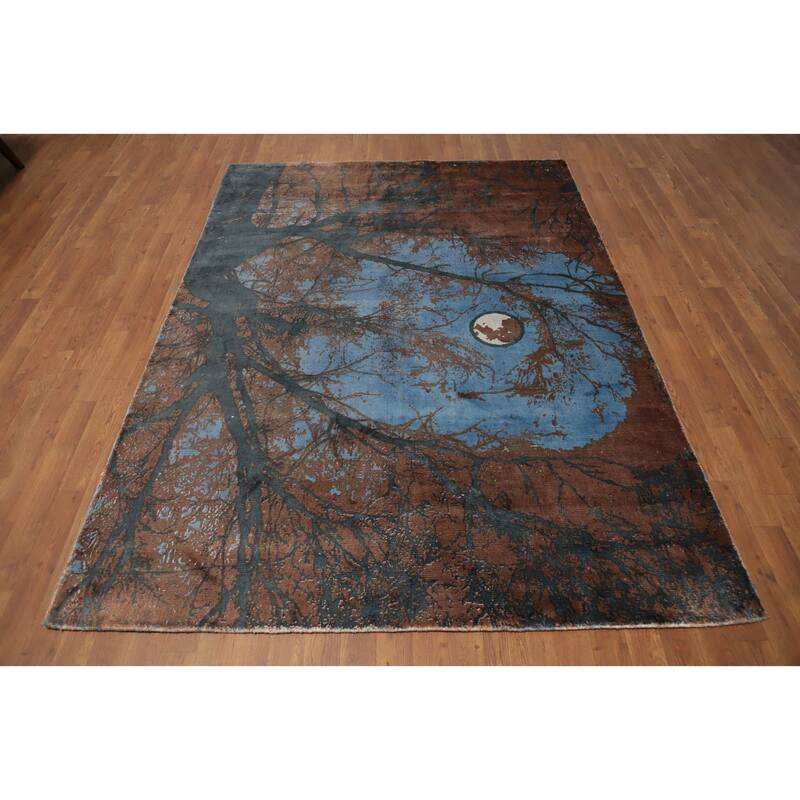 Hand Knotted Oriental Viscose Silk Carpet Modern Pictorial Brown Abstract Area Rug - 7' 10'' X 5' 8''