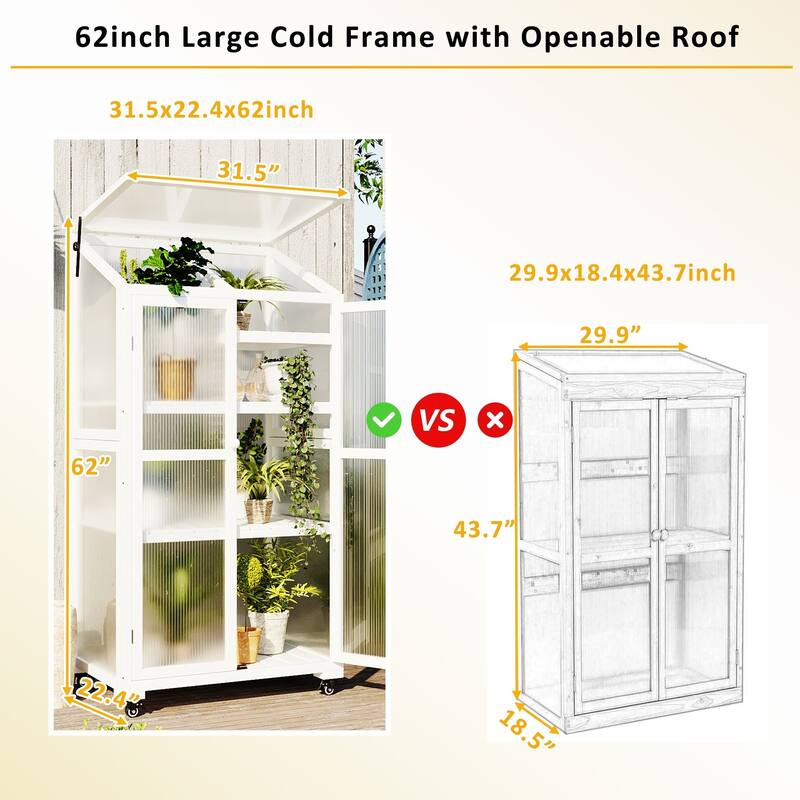 62" Portable Cold Frame Greenhouse with Wheels & Adjustable Shelves