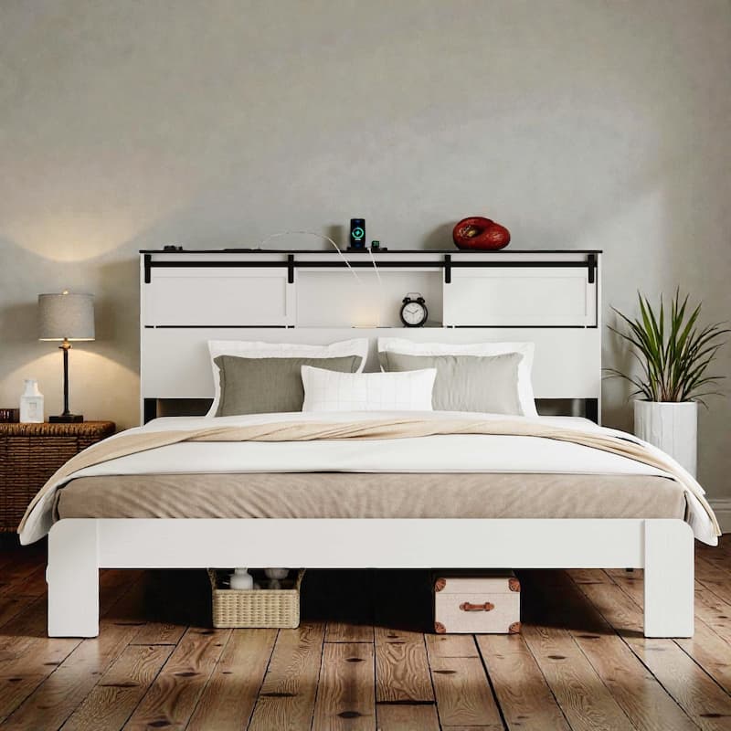 Metal Platform Bed Frame with USB Ports and Storage Headboard, Noise-Free Design, White Queen/King Bed Frame