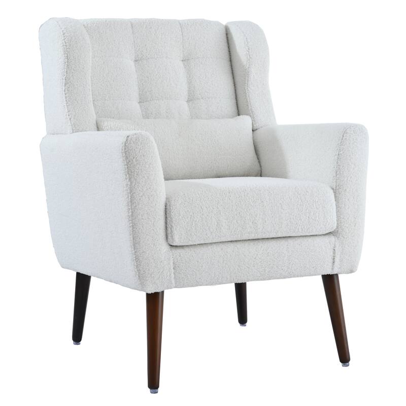 Clearance Sale Modern Accent Chair, Teddy Fabric Living Room Lounge Chairs with Wooden Legs Accent Chairs, White